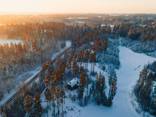 A road  winds through a snowy forest, where frosty trees