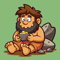 Obraz premium Cartoon Caveman Sitting with Bowl of Fruit Leaning Against Rocks Illustration