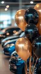 Special event at a car dealership featuring golden and black balloons among shiny vehicles