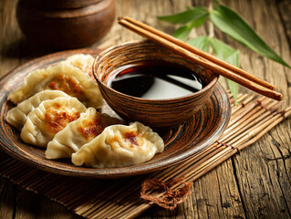 Fresh homemade dumplings with soy sauce, bamboo background