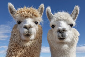 Obraz premium Close-up of Two Friendly Alpacas in a Clear Blue Sky