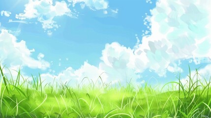 Fototapeta premium Enchanting Scenery of Lush Green Grassland under a Vast Blue Sky with Floating White Clouds: A Serene Natural Tapestry