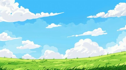Fototapeta premium Enchanting Scenery of Lush Green Grassland under a Vast Blue Sky with Floating White Clouds: A Serene Natural Tapestry