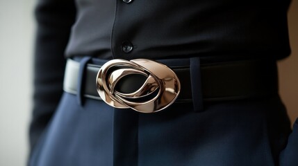 Designer belt featuring a sculptural buckle displayed against a stylish outfit in an elegant setting