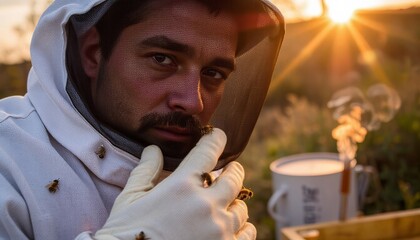 Beekeeper handling bees while wearing protective gear at sunset  