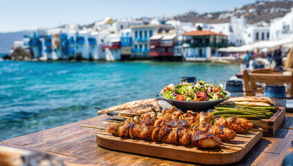 Mediterranean culinary delight featuring grilled chicken shawarma and fresh salads by the stunning Greek coastline