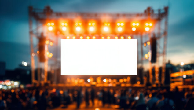 Bright orange lights illuminate a blank canvas on an outdoor concert stage as the crowd anticipates the evening performance