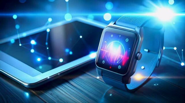 Modern smartwatch displaying heart rate data, syncing with a tablet on a wooden surface, glowing with blue digital network connections, symbolizing fitness tracking and health technology. - Powered by Adobe