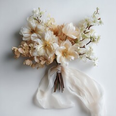 Elegant wedding bouquet of white and cream flowers with silk ribbon on a white background studio shot