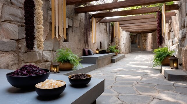 Stone pathway with decorative plants and bowls of spices