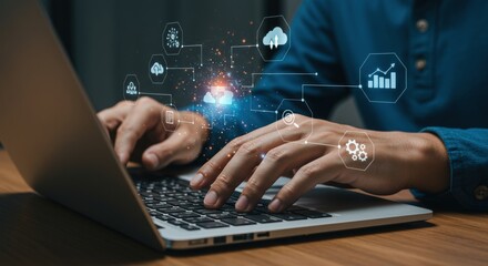 Digital Connectivity: Typing on Laptop with Data Visualization