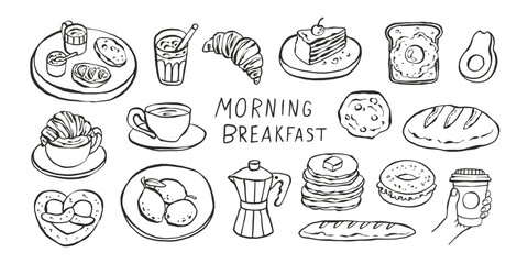 Morning breakfast and coffee doodle icons sketch collection. Hand drawn cafe food vector illustration.