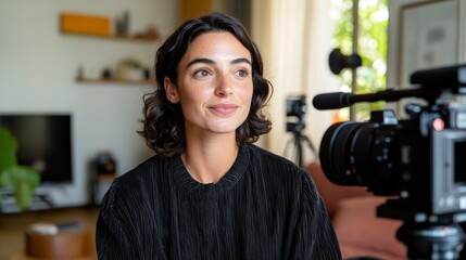 A woman stands behind a camera, smiling slightly, in front of a blurred background with a visible camera setup and a window with a curtain.