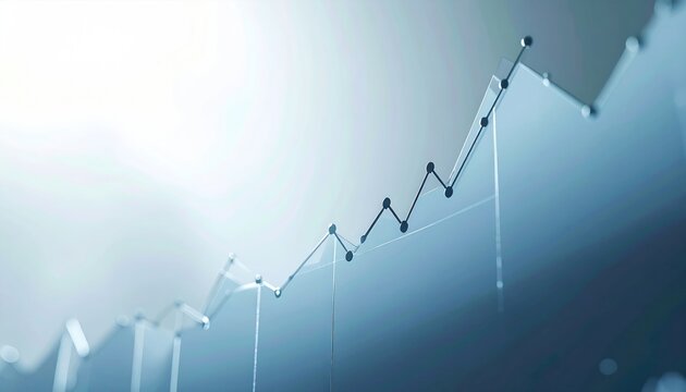 Rising chart line, sharp increase, silver balls marking points, bright light backdrop
