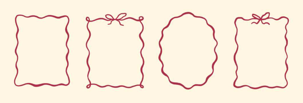 Wavy edge shapes frame box vector illustration isolated on white. Squiggle curve doodle rectangle and oval sketch.