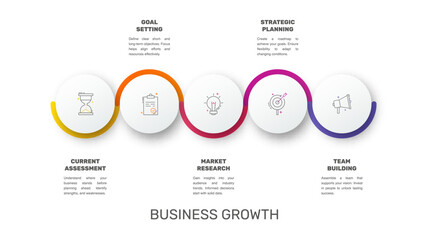 Modern and simple flat vector illustration. Infographic template with five circles, elements, sectors and percentages. Designed for business, presentations, web design, interface 5 step diagrams