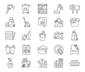 A collection of cleaningrelated icons featuring tools and supplies