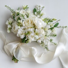 Elegant white wedding bouquet roses peonies alstroemeria ribbon bridal flowers floral arrangement design