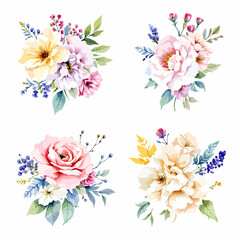 Wild flowers set, watercolor digital illustration.
