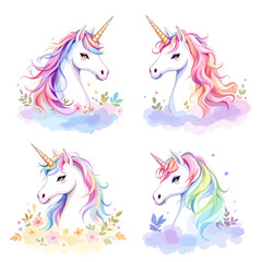Beautiful watercolor set unicorns in pink and purple colors.	