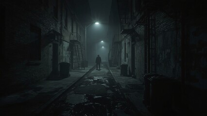 A narrow alleyway shrouded in fog, illuminated by streetlamps, creating an ominous feeling as a figure emerges from the shadows.