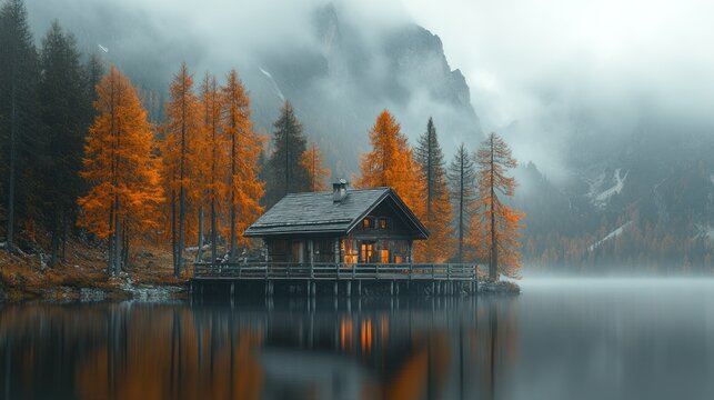 Misty Alpine Cabin on a Lake