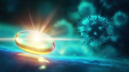 Striking contrast between glowing golden-yellow oval object and dark blue-green spiky virus-like structure in a microscopic, scientific environment. Radiant light rays emanate from the luminous elemen