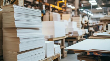 Busy printing workshop filled with stacks of paper and bustling activity during working hours