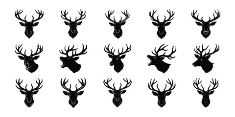 Fototapeta premium Deer and Elk Antler Head Vector Set – Black Silhouette Collection for Hunting, Forest, and Rustic Art