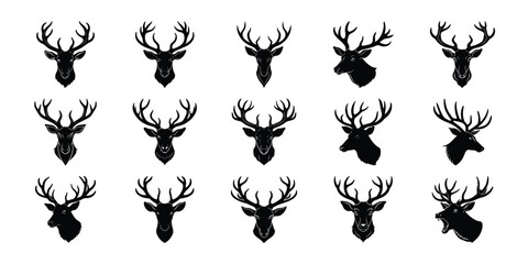 Elk and Deer Head Silhouettes – Antlered Wildlife Vector Icons for Logo, Tattoo, and Nature Design"
