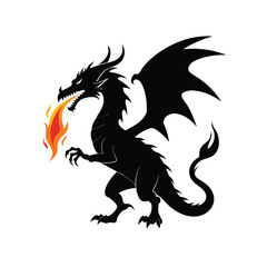 Black silhouette of a dragon breathing fire on white background in Adobe Illustrator Artwork