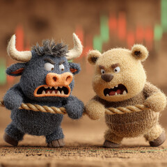 Cute cartoon bull and bear in tug of war, symbolizing market tension. background features fluctuating stock charts