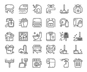 Cleaning icons Black outlines show a collection of various cleaning tools and supplies