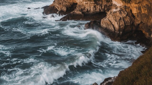 A dramatic view of ocean waves crashing against rocky cliffs, capturing the power and beauty of nature's forces.