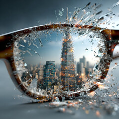 City skyline is seen through shattered glasses, symbolizing market volatility