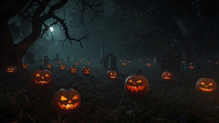 A spooky Halloween scene featuring carved pumpkins glowing in a misty graveyard, creating an eerie atmosphere under the moonlight.