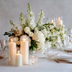 Elegant wedding table decor with white flowers and candles for a romantic celebration setting look