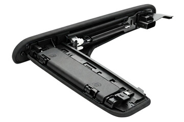 Close up of an open black car armrest with visible internal structure isolated on a transparent background