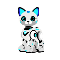 Friendly AI pet robot cat, flat cartoon futuristic animal vector