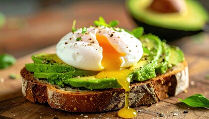 Avocado toast sourdough topped with sliced avocado, a poached egg, and herbs, on a wooden board