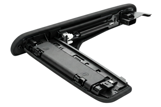 Close up of an open black car armrest with visible internal structure isolated on a transparent background