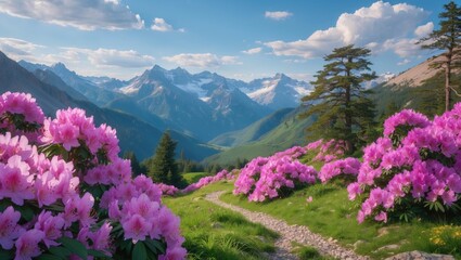 Beautiful summer mountain landscape with blooming pink rhododendrons and empty space for text.