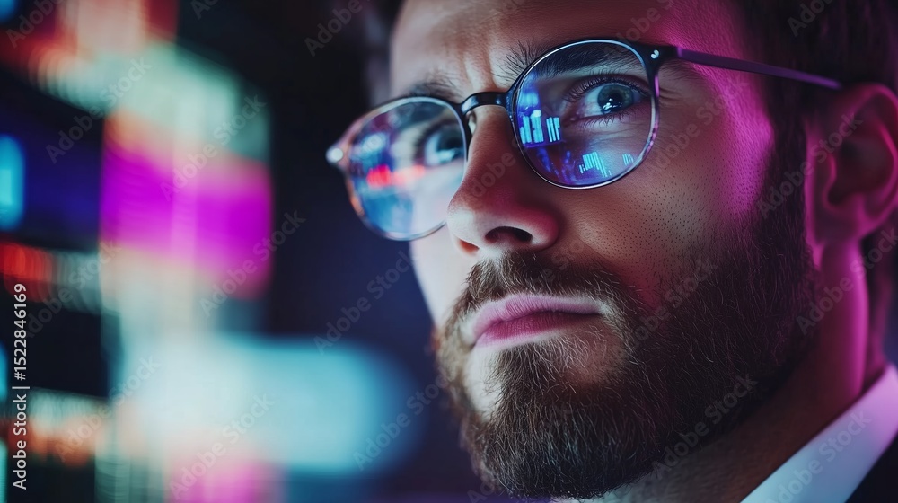 Poster focused man analyzing data on a digital display in a modern tech environment during evening hours