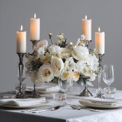 Elegant wedding table decor with silver candlesticks white flowers and candles for special events and celebrations