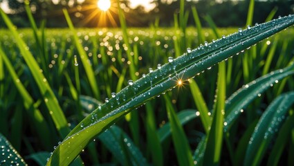 Fototapeta premium Dew Drops on Tips of Leaves Sparkling in the Sun in a Tropical Rice Field in the Morning.