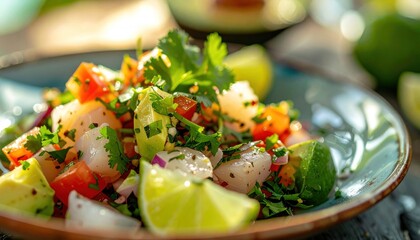 Ceviche close-up cubed white fish, tomatoes, lime, red onion, cilantro on blue plate
