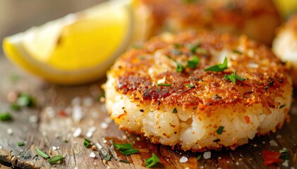 Golden crab cakes with lemon wedges and herbs, on rustic wooden board