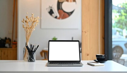 Desk with laptop, vase of dried grass, pencils, coffee cup against blurred background