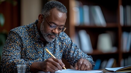 Mature man engaged in focused paperwork at a cozy indoor workspace in the afternoon light