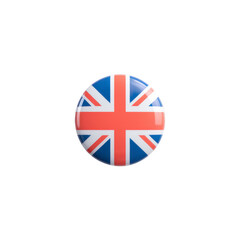Fototapeta premium Round badge featuring Union Jack flag of United Kingdom, symbolizing British identity and patriotism. badge has glossy finish and is centered on plain background